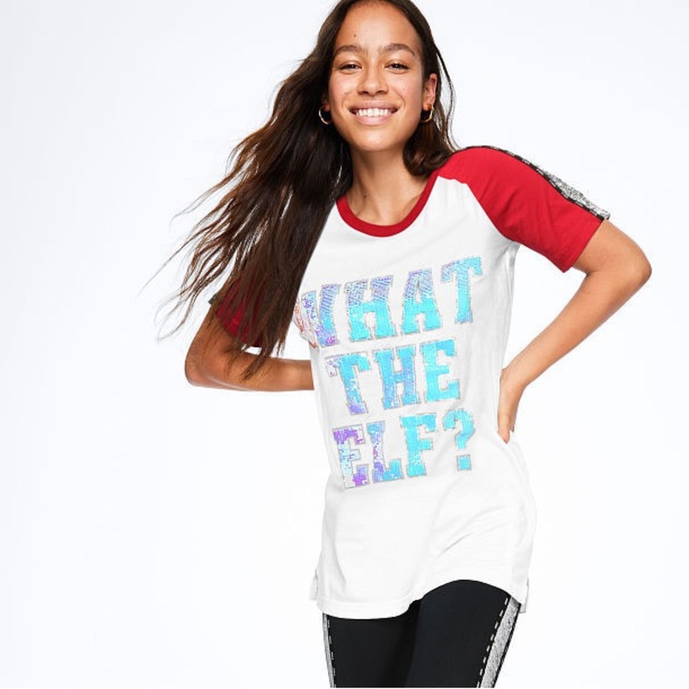 Victoria’s Secret PINK Bling "WHAT THE ELF" Campus Shirt